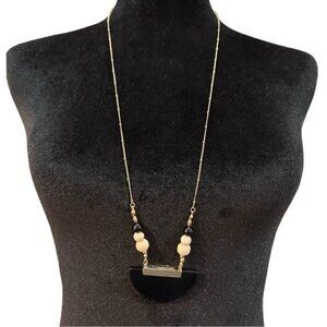 Meghan Browne Style Long Gold Chain Necklace With Black Semi-Circle Pendant